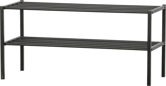 Black metal shelving unit with two horizontal slat shelves