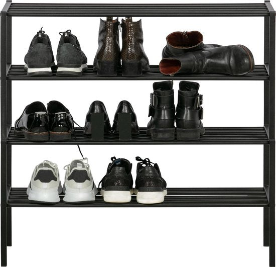 Black metal four-tier shoe rack displaying various black and white footwear