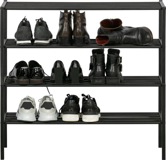 Black metal four-tier shoe rack displaying various black and white footwear