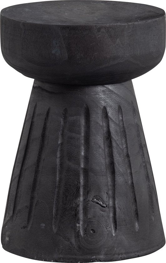 Black wooden pedestal side table with sculptural fluted base