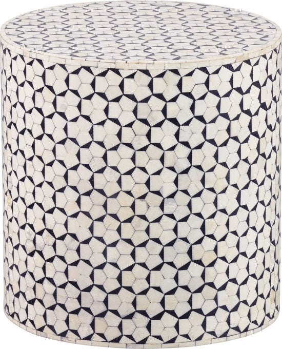 Cylindrical bone inlay side table with geometric pattern in cream and black
