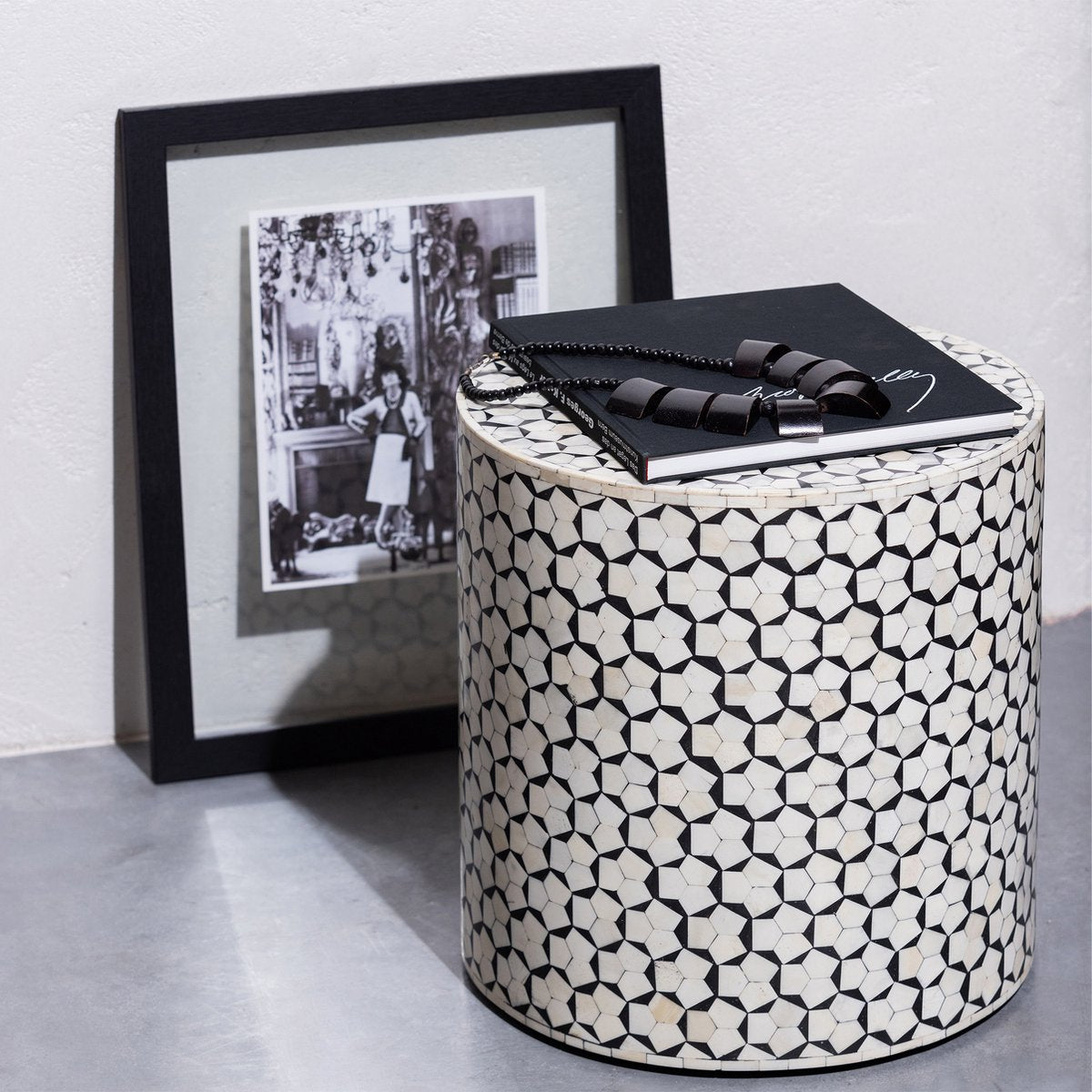 WOOOD Neva sidetable with bone inlay geometric pattern and black lid, cream and black colors