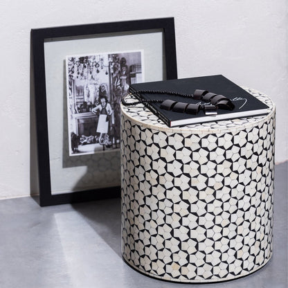 WOOOD Neva sidetable with bone inlay geometric pattern and black lid, cream and black colors