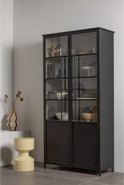 Black metal display cabinet with glass doors and shelving for storage and decoration