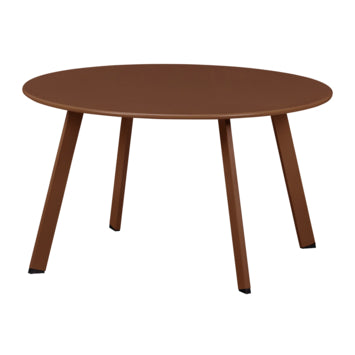 Brown metal round outdoor side table with angled legs