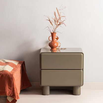 WOOOD Lustra wooden nightstand in sage green with two drawers and cylindrical legs