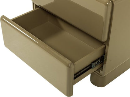 Beige wood nightstand with open drawer and metal handle detail