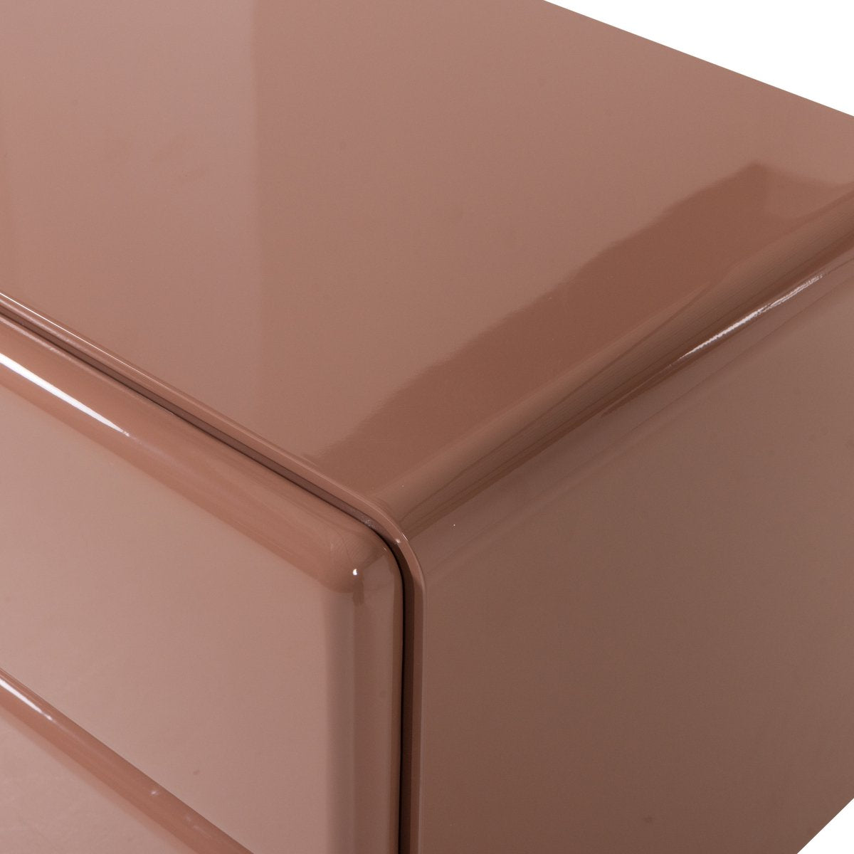 Dusty rose high-gloss wooden bedside table with rounded edges