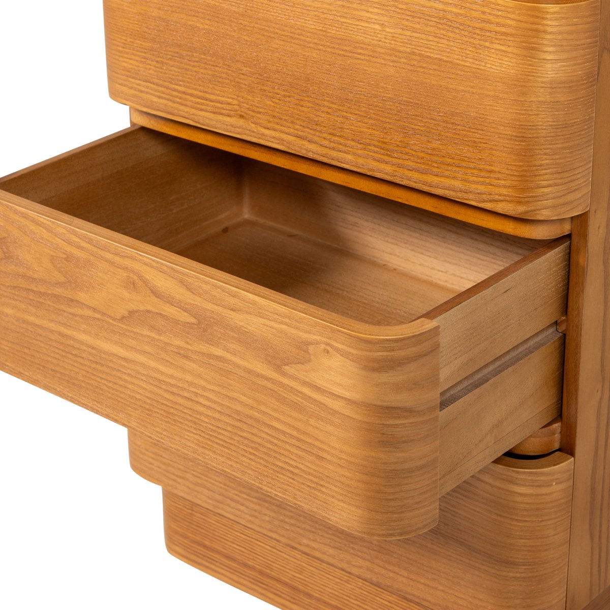 Wooden nightstand with open drawer in light oak finish showing curved edges