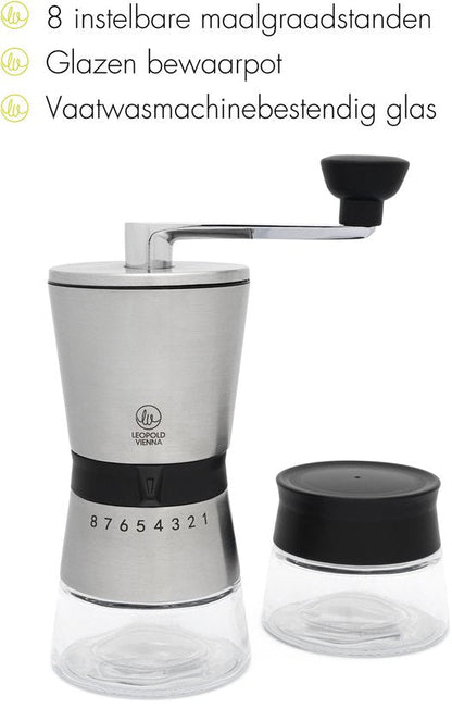 Leopold Vienna Koffiemolen + Bewaarpot — zo goed als nieuw