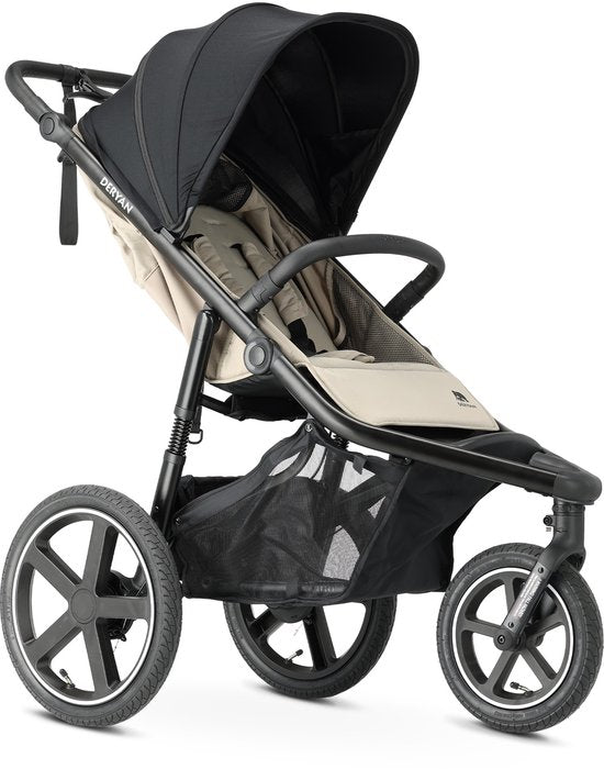 Deryan Bolt jogging stroller with black canopy and beige seat, black frame and large wheels