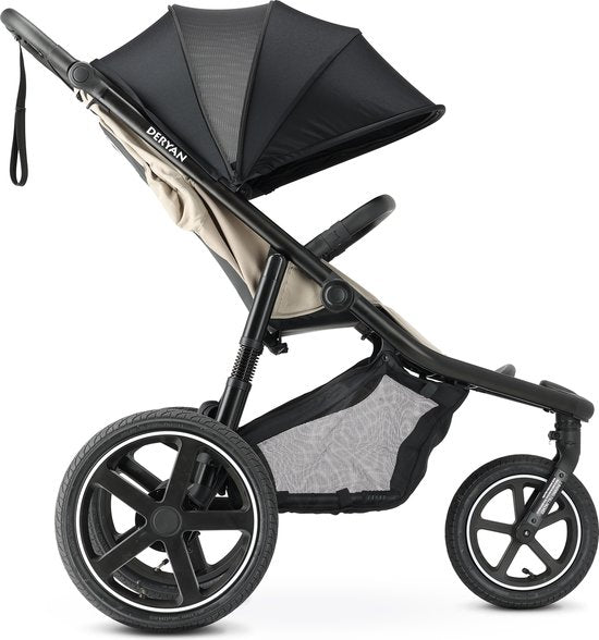 Deryan Bolt jogging stroller with black canopy, beige seat, and black frame wheels