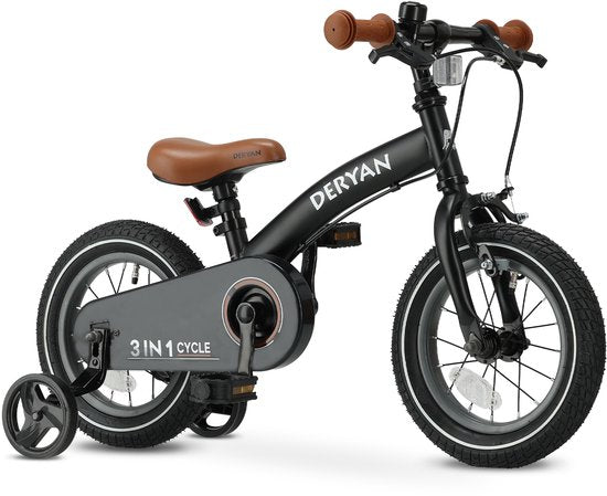 Deryan Luxe 12-inch kids bike in black with brown saddle and grips, training wheels