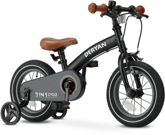 Deryan Luxe 12-inch kids bike in black with brown saddle and grips, training wheels