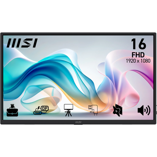 MSI PRO MP165 E6 16-inch FHD portable monitor with colorful display and connectivity icons