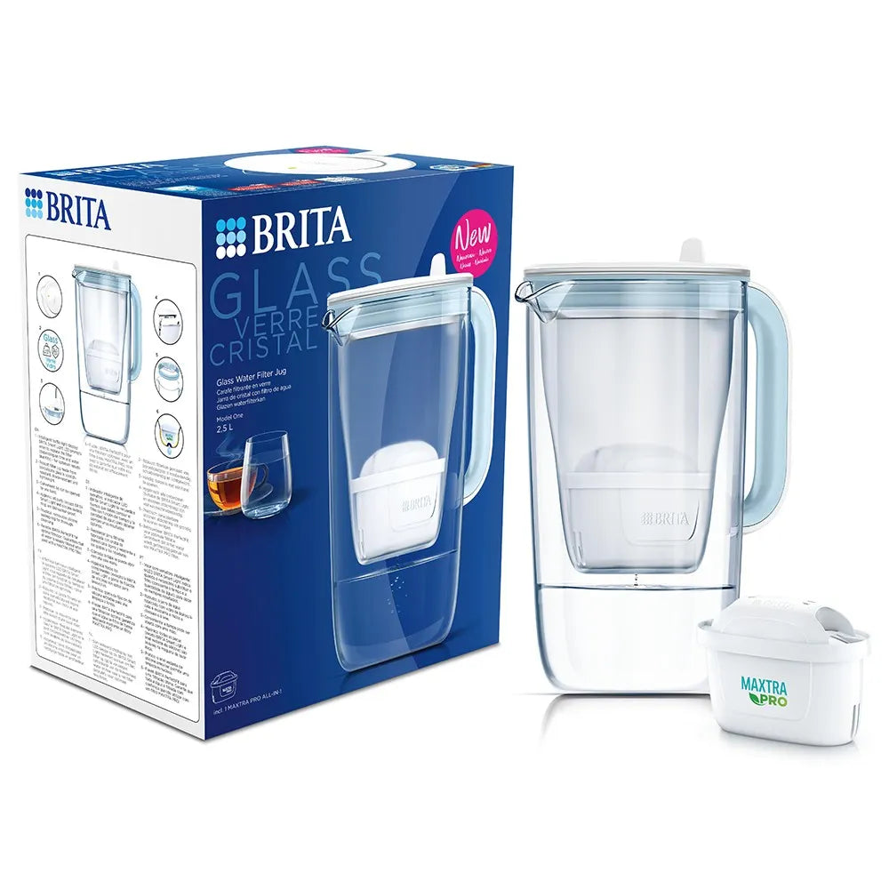 BRITA Glazen Waterfilterkan 2,5L Blauw — zo goed als nieuw