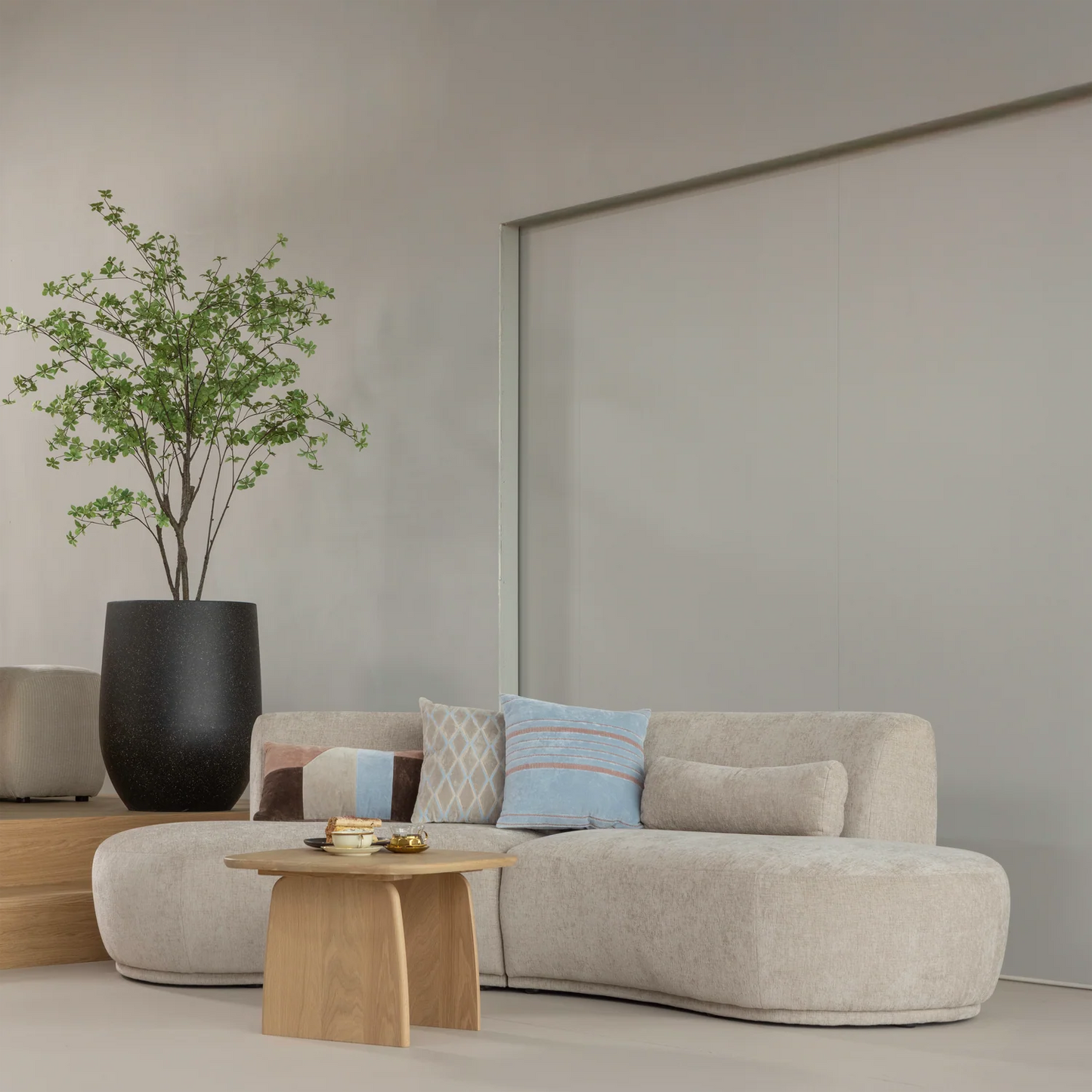 WOOOD Laon Kussens - Velvet stof - Naturel/Blauw - Set Van 3