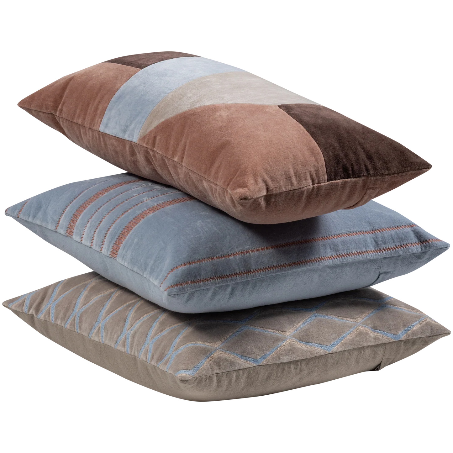WOOOD Laon Kussens - Velvet stof - Naturel/Blauw - Set Van 3