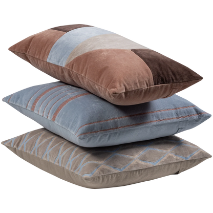 WOOOD Laon Kussens - Velvet stof - Naturel/Blauw - Set Van 3