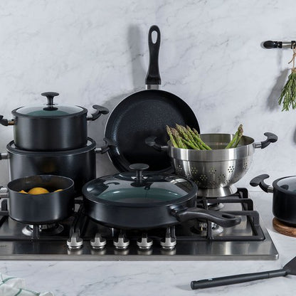BK Vivid Keramische Antiaanbak Pannenset 13-delig - Ø16-28cm - Koekenpan - Hapjespan - PFAS-vrij – Inductie Pannenset – Ovenbestendig tot 160°C – Vaatwasserbestendig – Snelle opwarming – Koudgrepen - Zwart