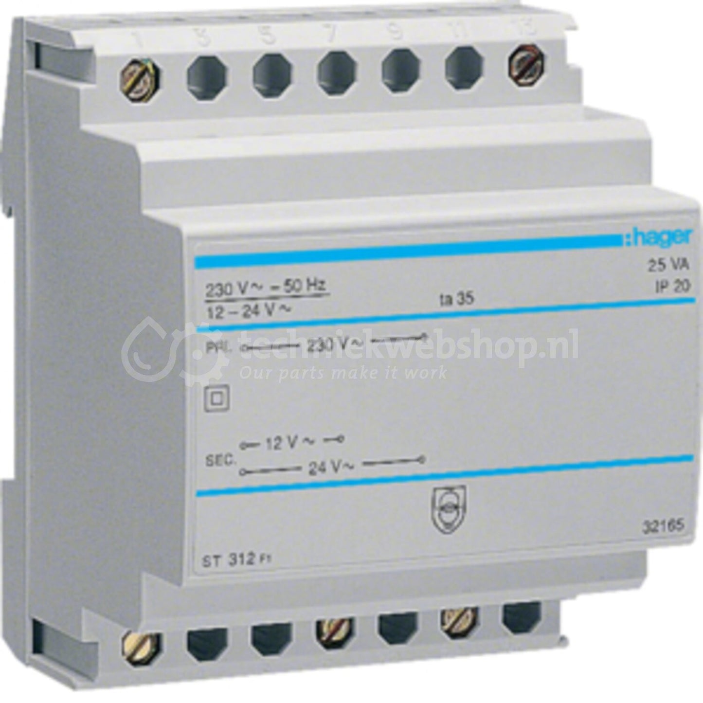 Hager Veiligheidstransformator 25 VA, Usec 12/24 V, Uprim 230 VAC, Beltransformator, verkoop per: 1 x 1 stuk - ST312, 3250615703125